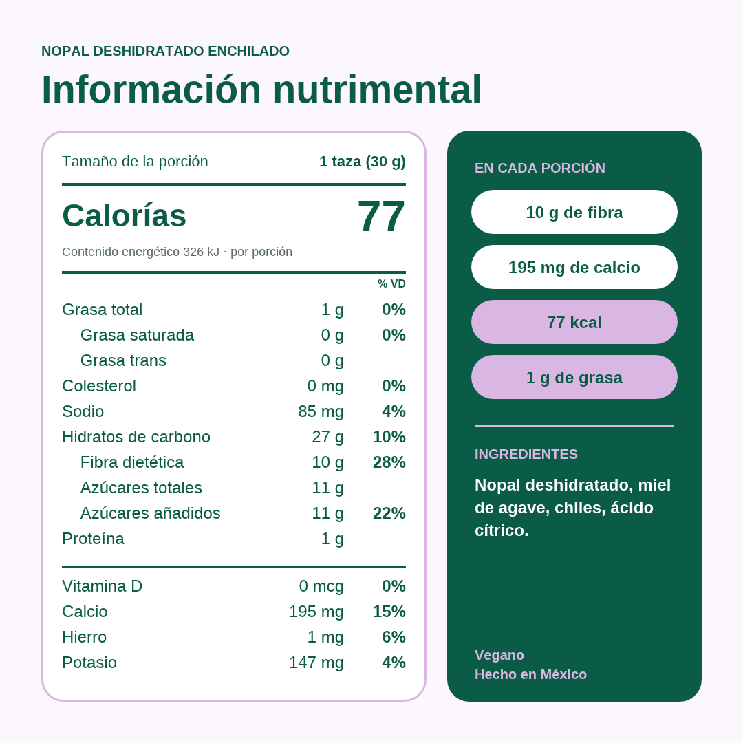 Información nutrimental Nopal deshidratado enchilado Nochiola