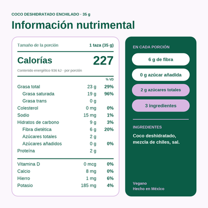 Información nutrimental Coco deshidratado enchilado Nochiola